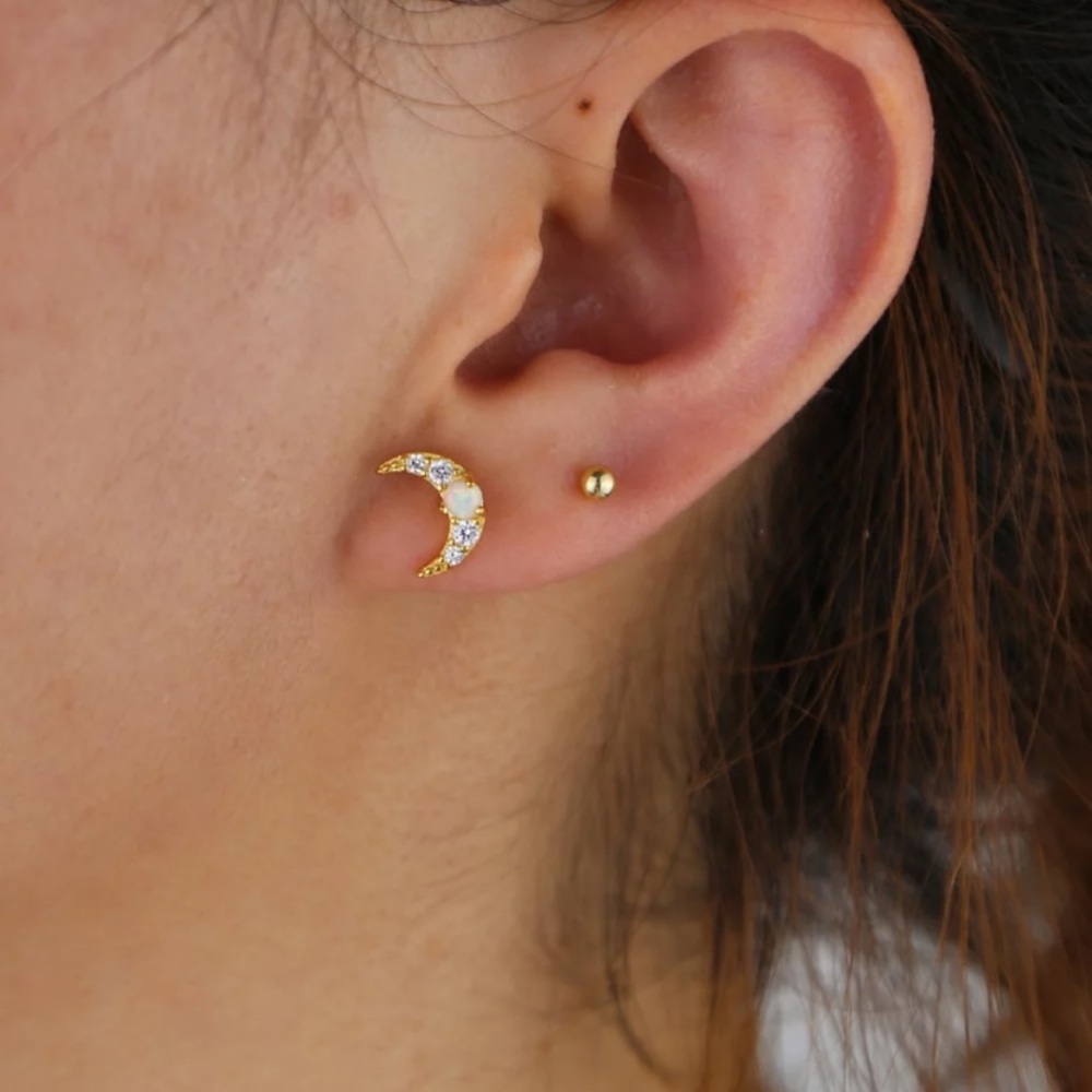 Moon stud gold earring with opal